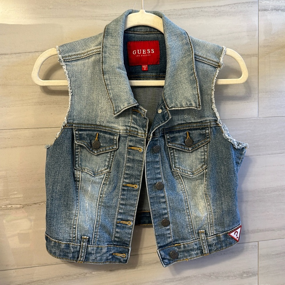 GUESS Denim Sleeveless Crop Jacket
